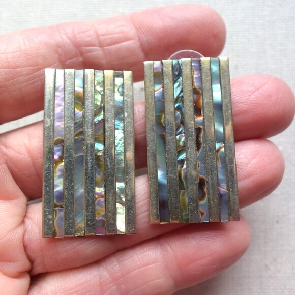 Vintage Alpaca Silver & Abalone Earrings - Picture 1 of 6
